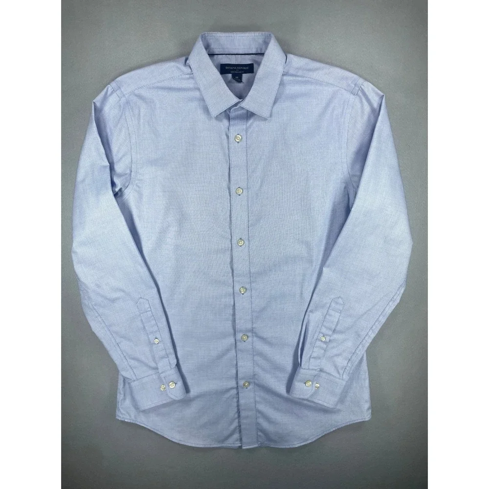 Banana Republic Dress Shirt Mens Non-Iron Slim Fit Blue Dusk Micro Check Medium